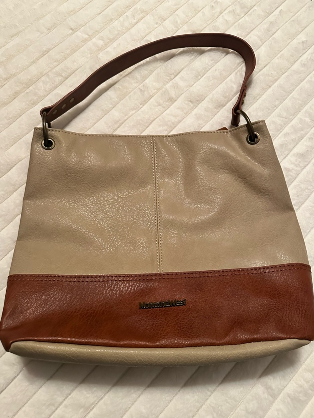 Montana West Beige and Brown Two-Tone Leather Shoulder Bag
